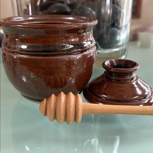 Handmade Honey Jar with Lid and Dipper, brown, signed